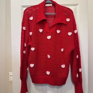 Aaron & Amber Red Open-Knit Heart Sweater sz L